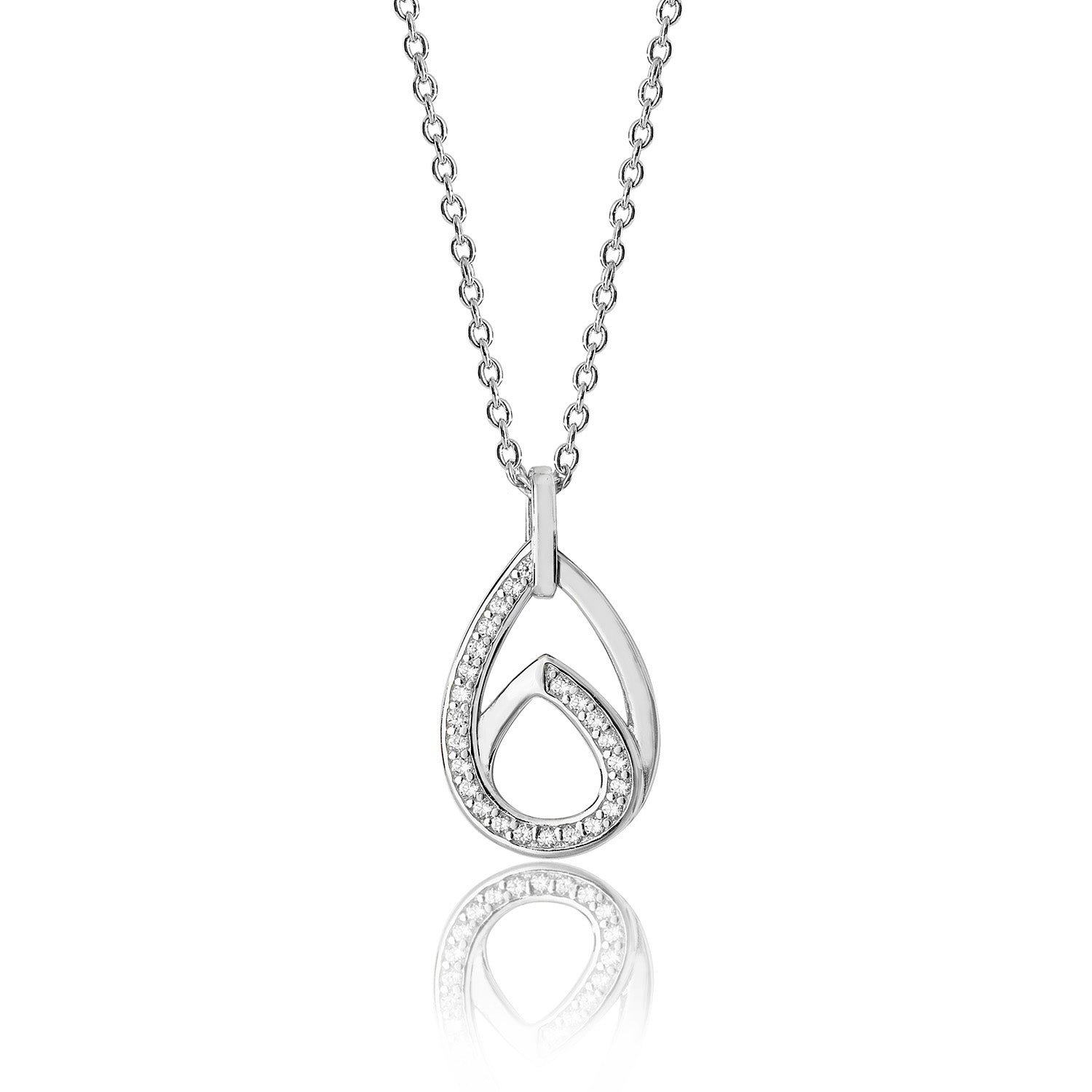 SILVER INTERLINKED DOUBLE PEAR SHAPE PLAIN AND CZ SET PENDANT AND CHAIN