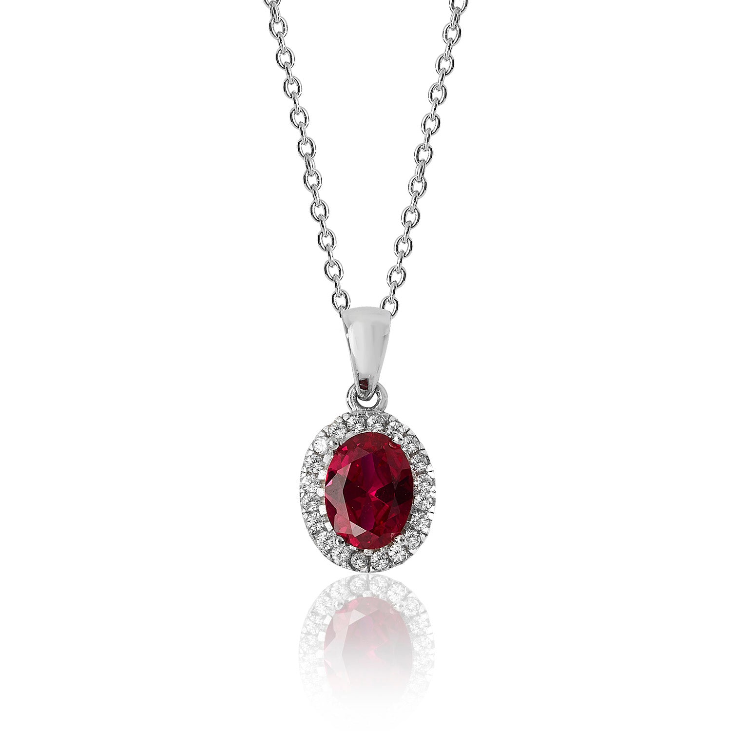 SILVER RED OVAL CLUSTER CZ PENDANT AND CHAIN