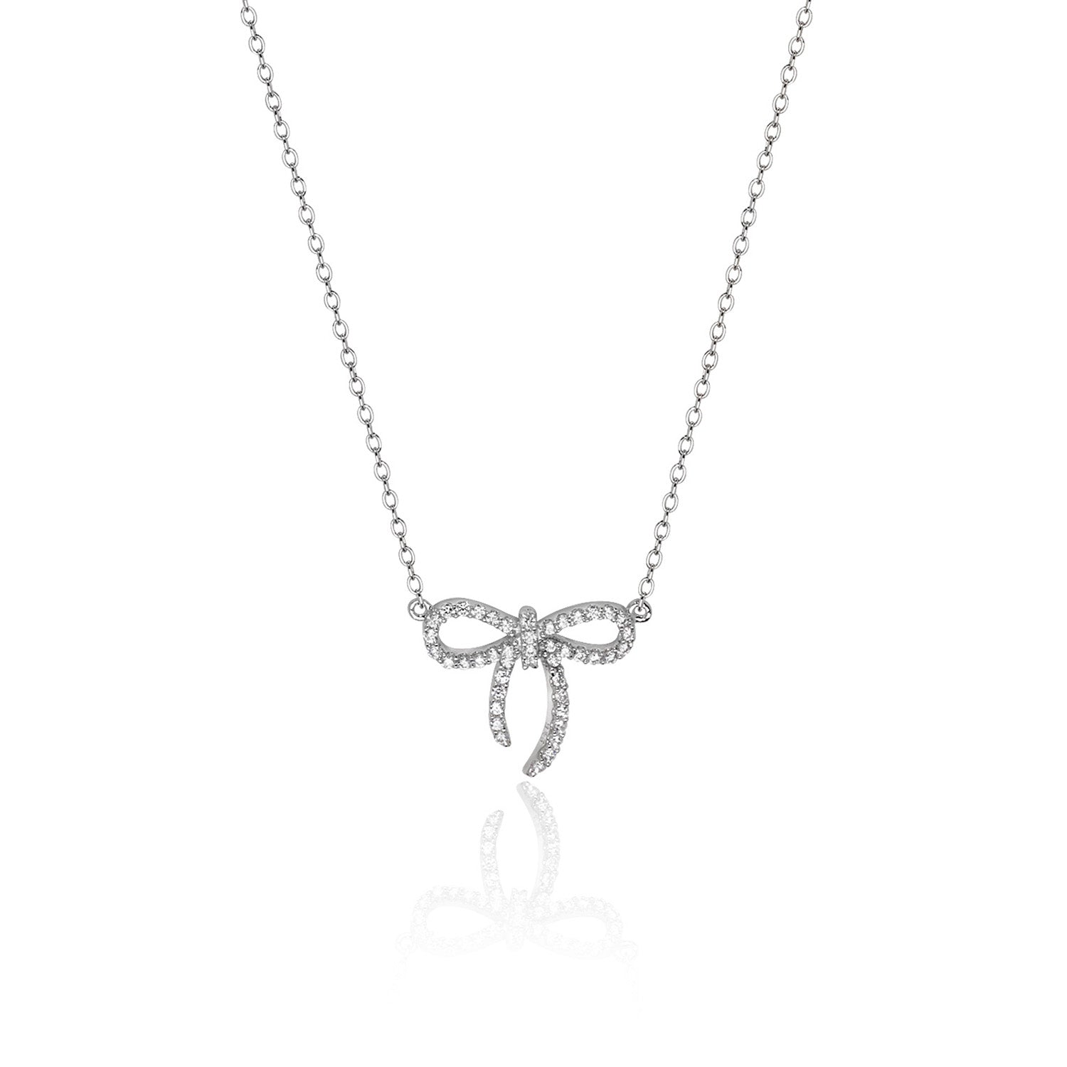 SILVER PAVE SET CZ FINE OPEN BOW PENDANT ON FIXED CHAIN