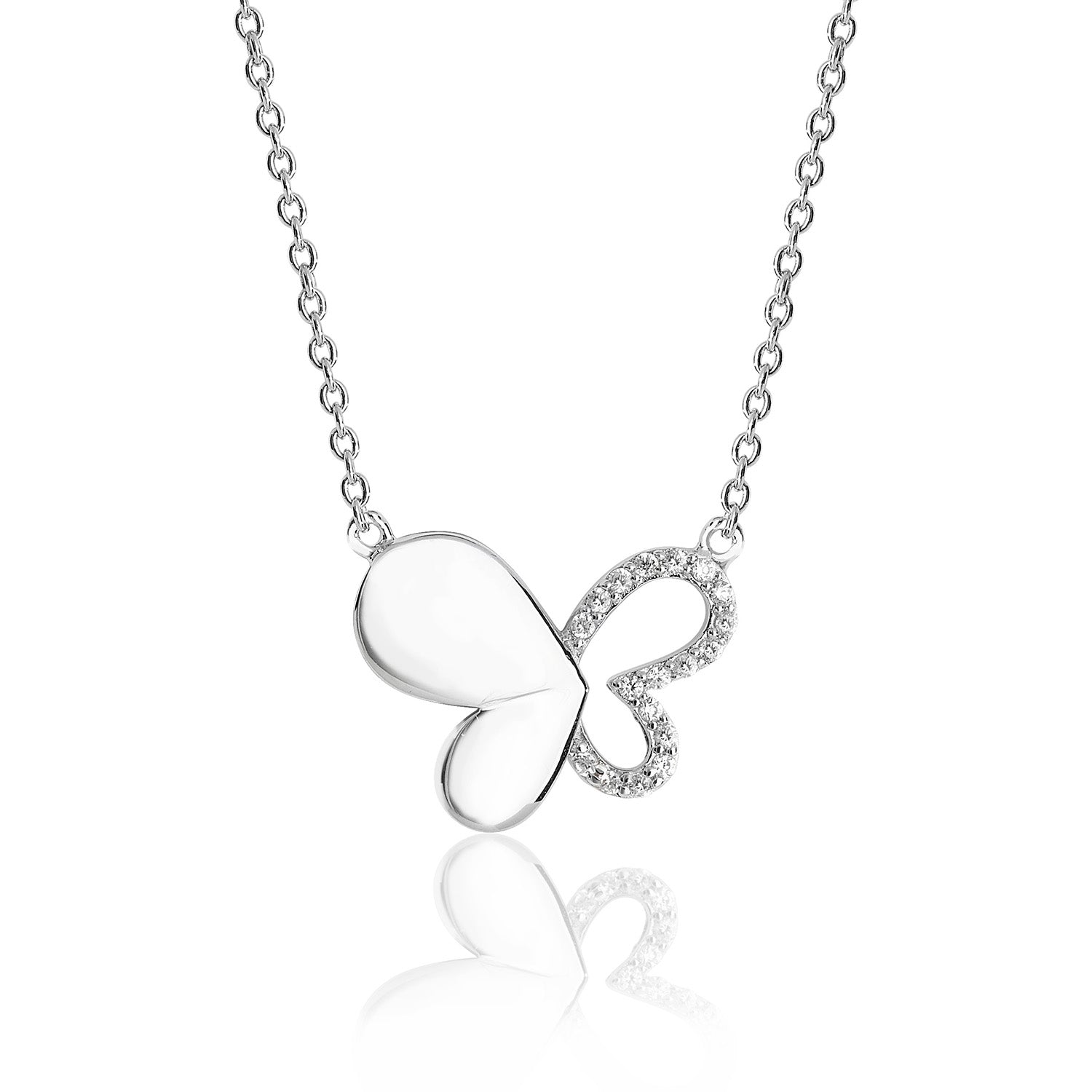 SILVER CZ SET OPEN & SOLID BUTTERFLY PENDANT ON FIXED CHAIN