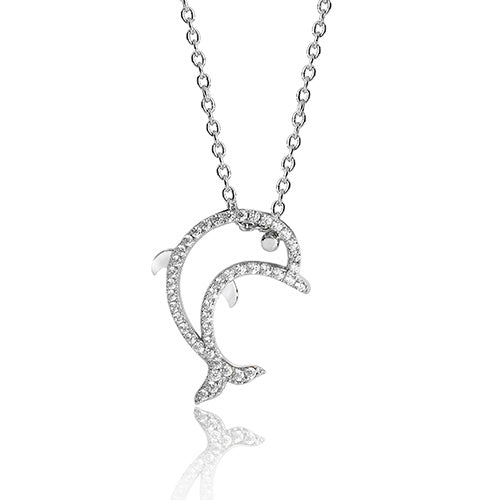 SILVER PAVE SET CZ FINE OPEN DOLPHIN PENDANT AND CHAIN