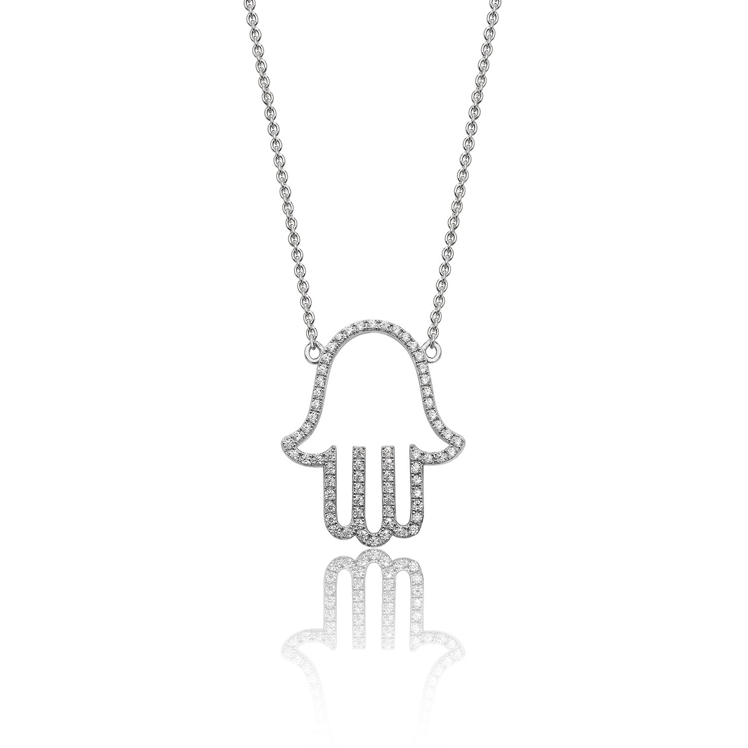 SILVER PAVE SET CZ FINE OPEN HAMSA PENDANT ON FIXED CHAIN