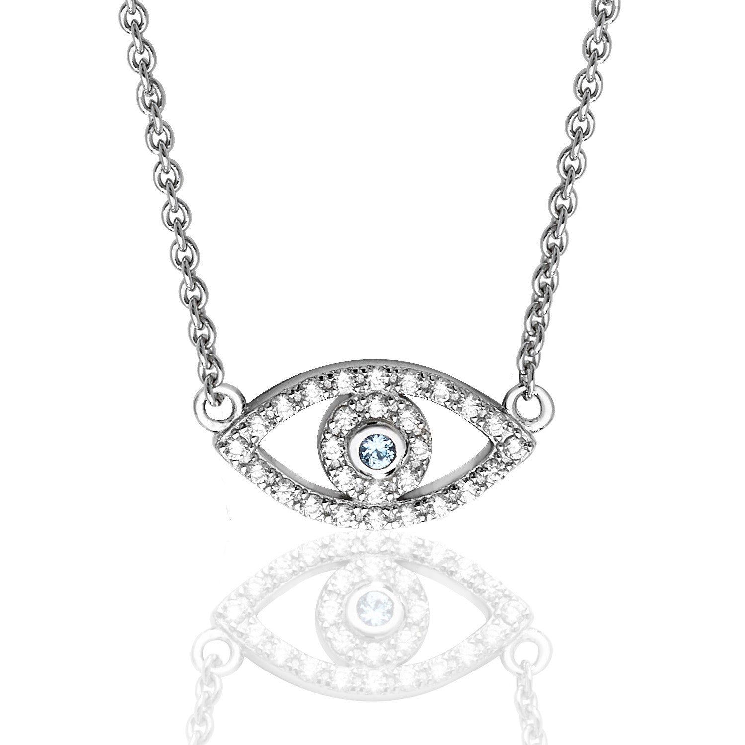 SILVER PAVE SET CZ FINE OPEN EVIL EYE PENDANT ON FIXED CHAIN