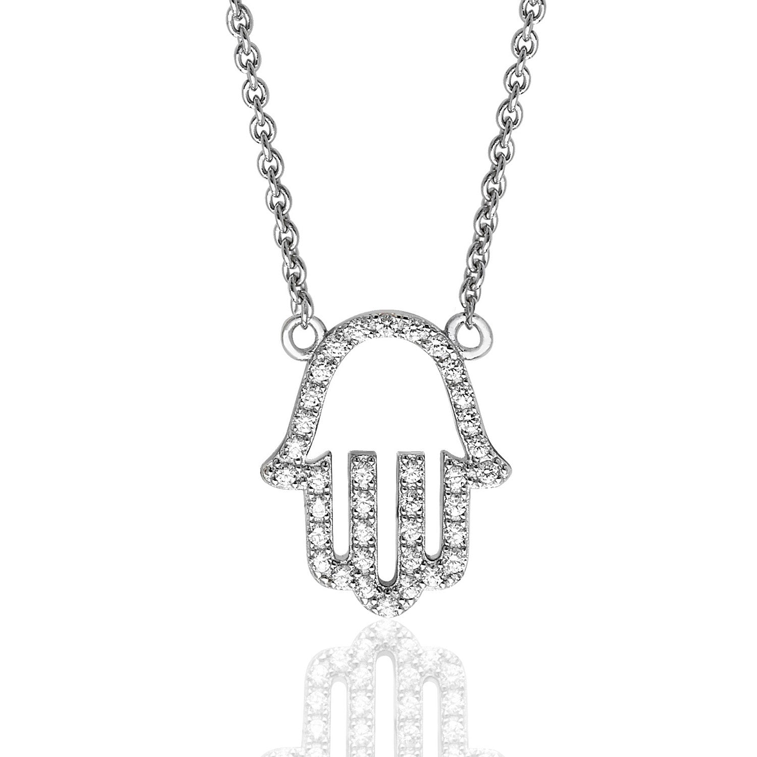 SILVER PAVE SET CZ FINE OPEN HAMSA PENDANT ON FIXED CHAIN