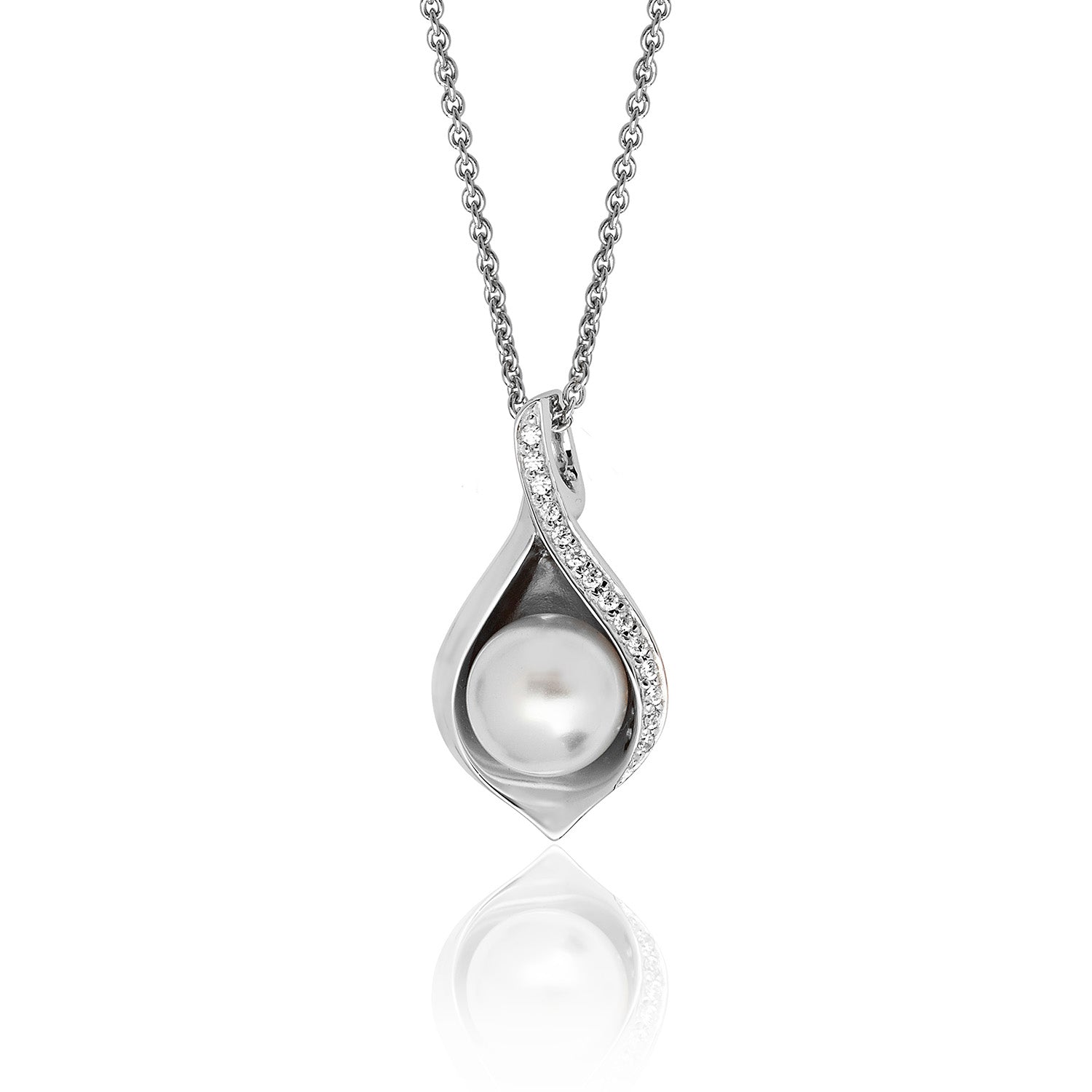 SILVER PAVE SET CZ SHELL AND PEARL PENDANT AND CHAIN