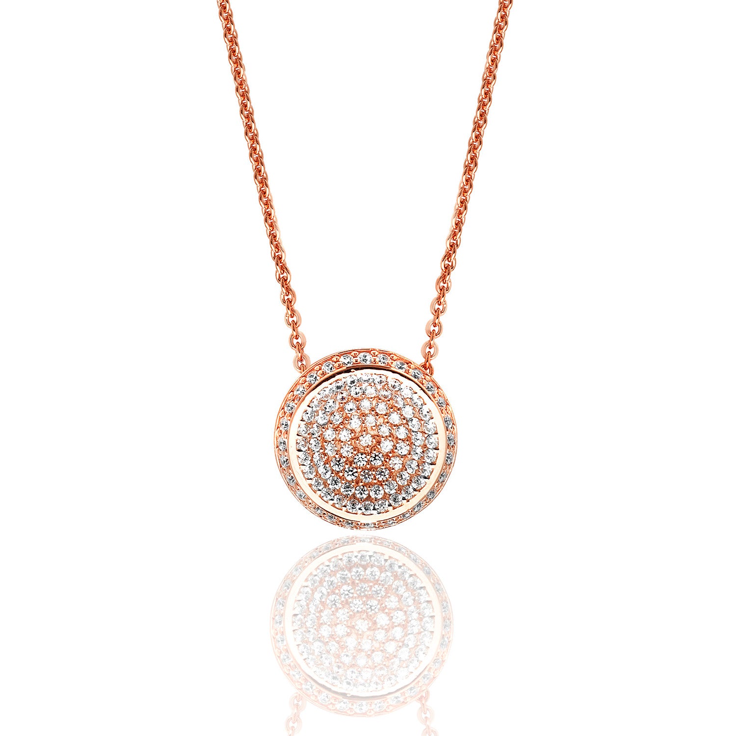 SILVER ROSE GOLD PLATED PAVE SET CZ ROUND PENDANT AND CHAIN