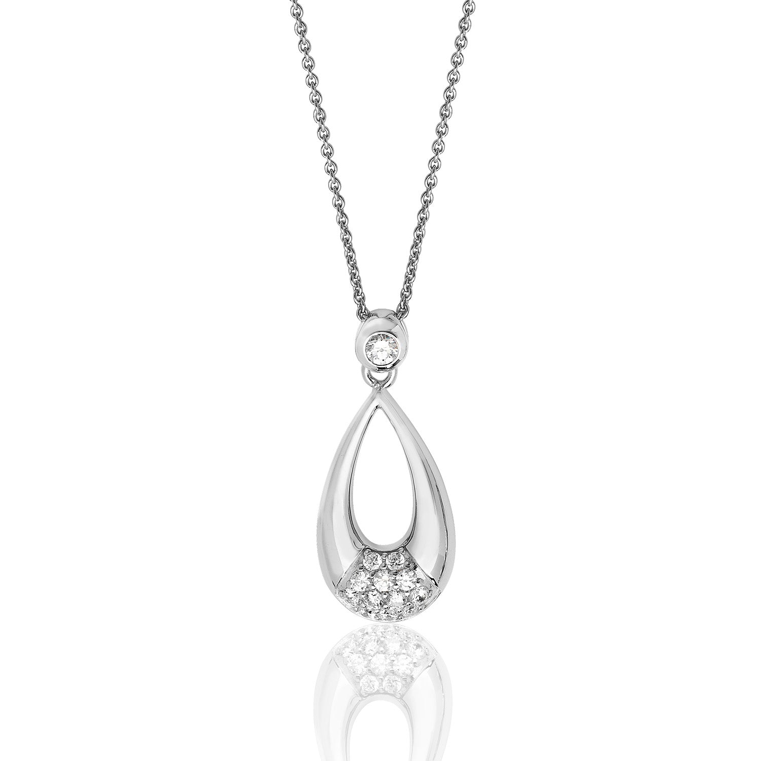 SILVER  PAVE SET ELONGATED PEAR SHAPE CZ PENDANT AND CHAIN