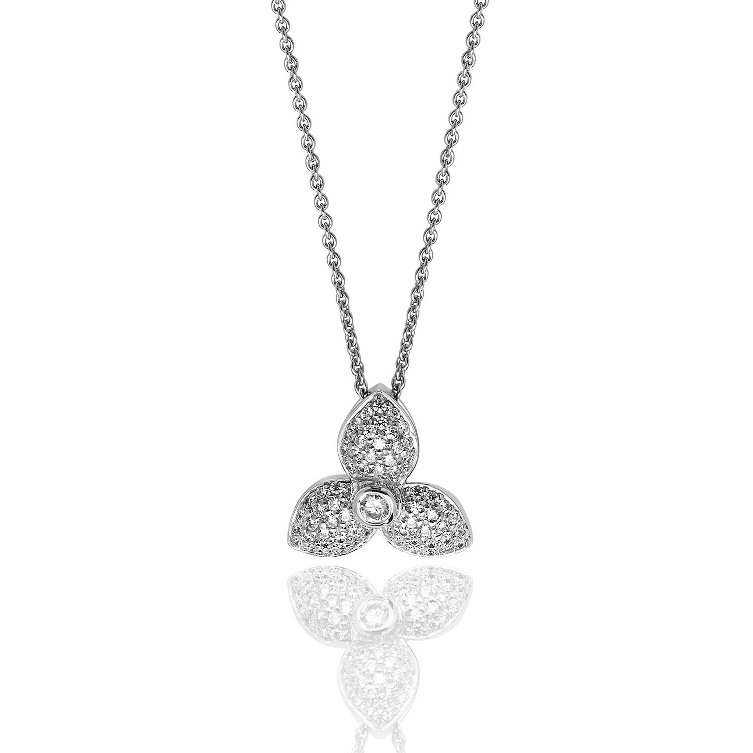 SILVER PAVE SET 3 PETAL CZ PENDANT AND CHAIN