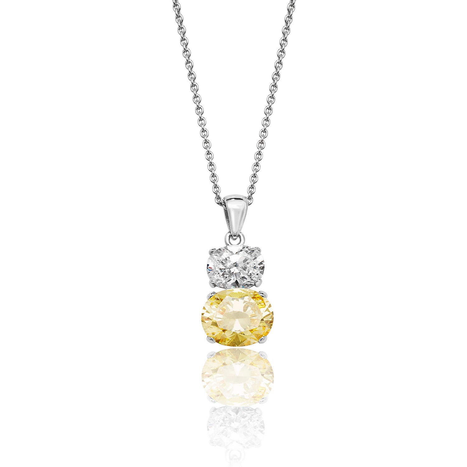 SILVER DOUBLE OVAL YELLOW AND WHITE CZ PENDANT AND CHAIN