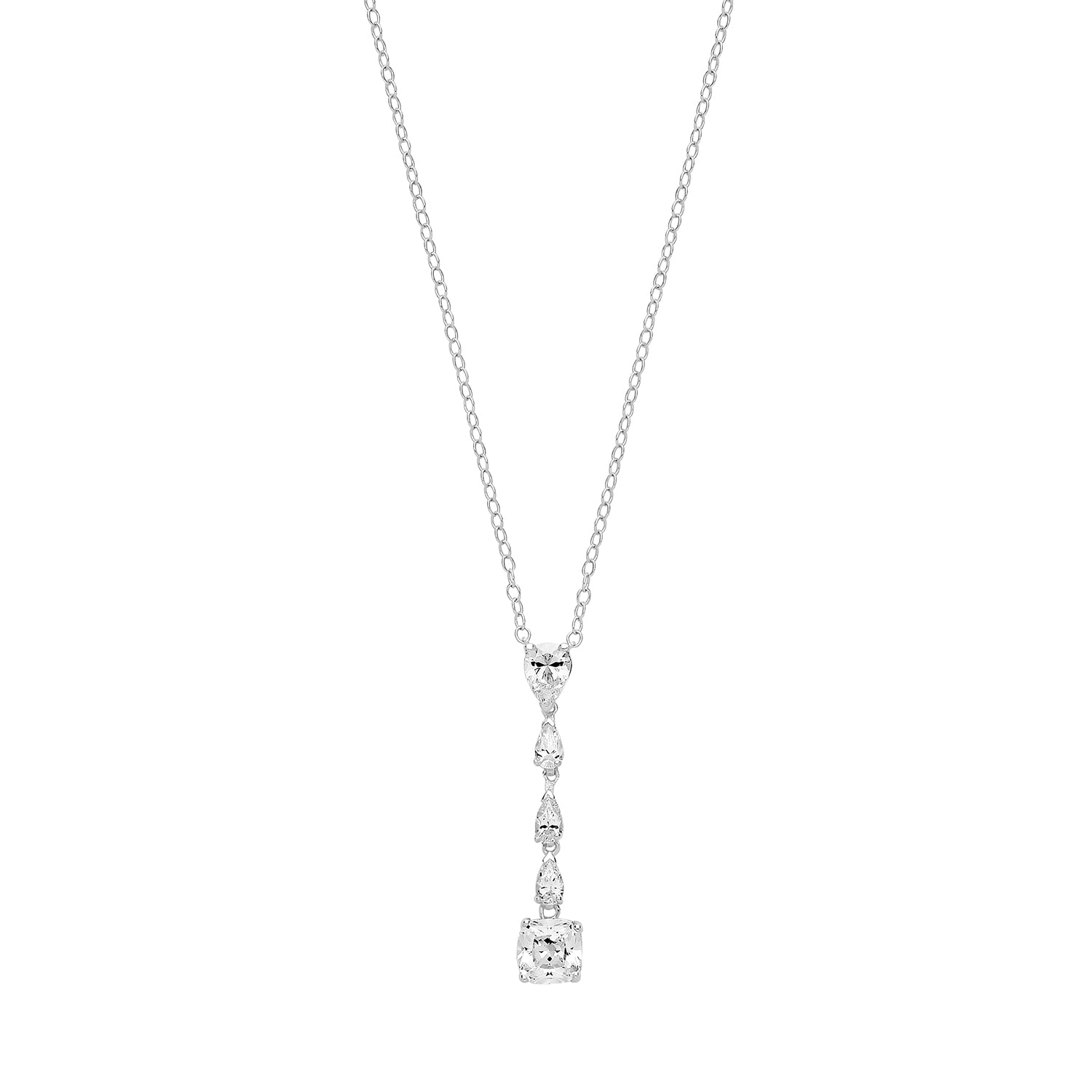 SILVER MULTIPEAR AND LARGE CUSHION CZ PENDANT ON FIXED CHAIN