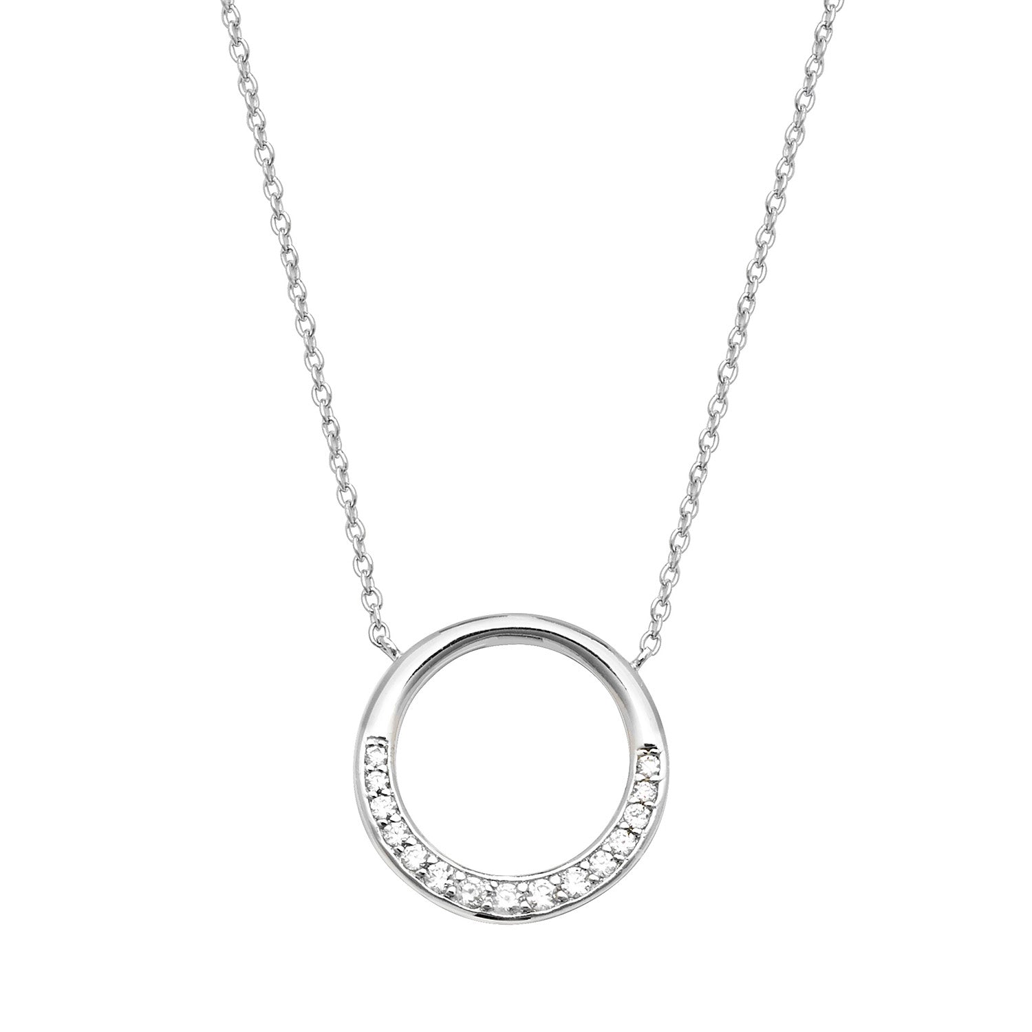 SILVER OPEN CIRCLE HALF CZ SET PENDANT ON FIXED CHAIN