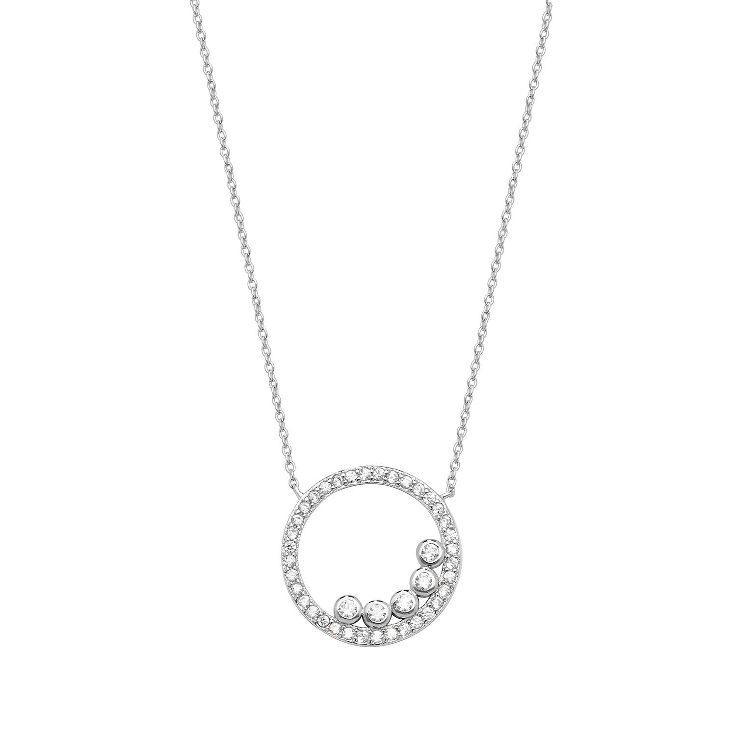 SILVER BUBBLES WITHIN ROUND HALO CZ PENDANT ON FIXED CHAIN