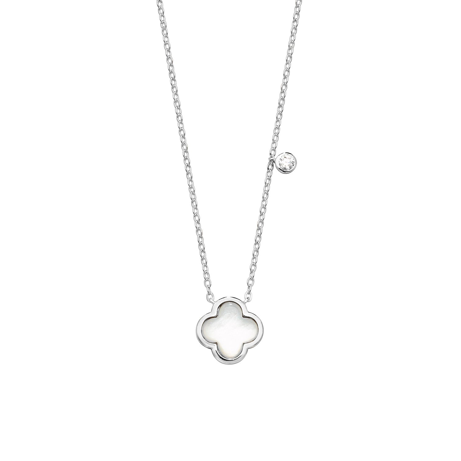 SILVER MOTHER OF PEARL WITH SINGLE CZ CLOVER PENDANT ON FIXED CHAIN