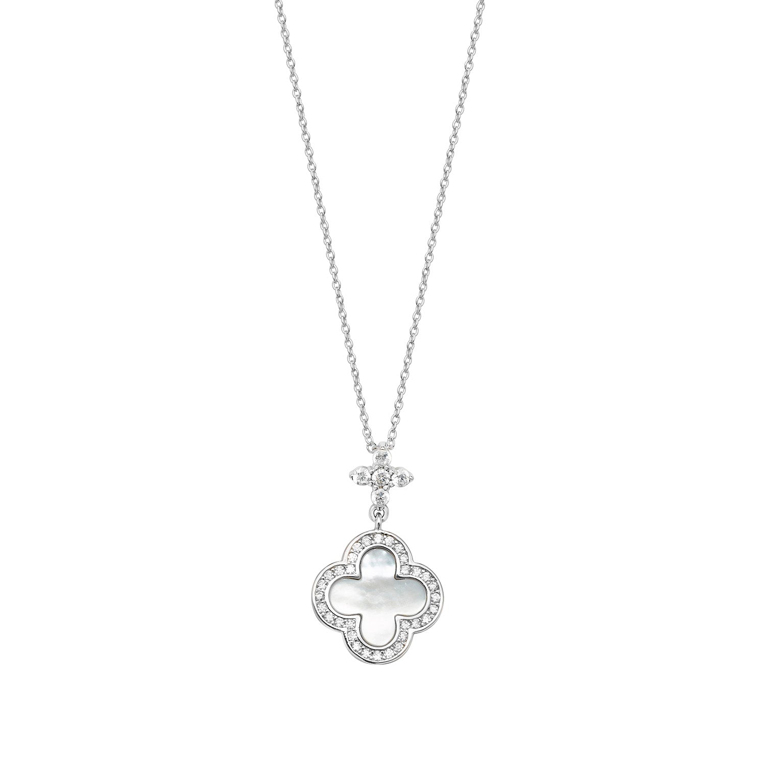 SILVER MOTHER OF PEARL AND CZ CLOVER PENDANT ON FIXED CHAIN