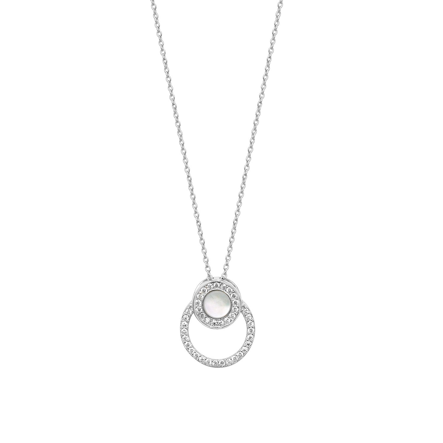 SILVER MOTHER OF PEARL AND DOUBLE CIRCLE CZ PENDANT ON FIXED CHAIN