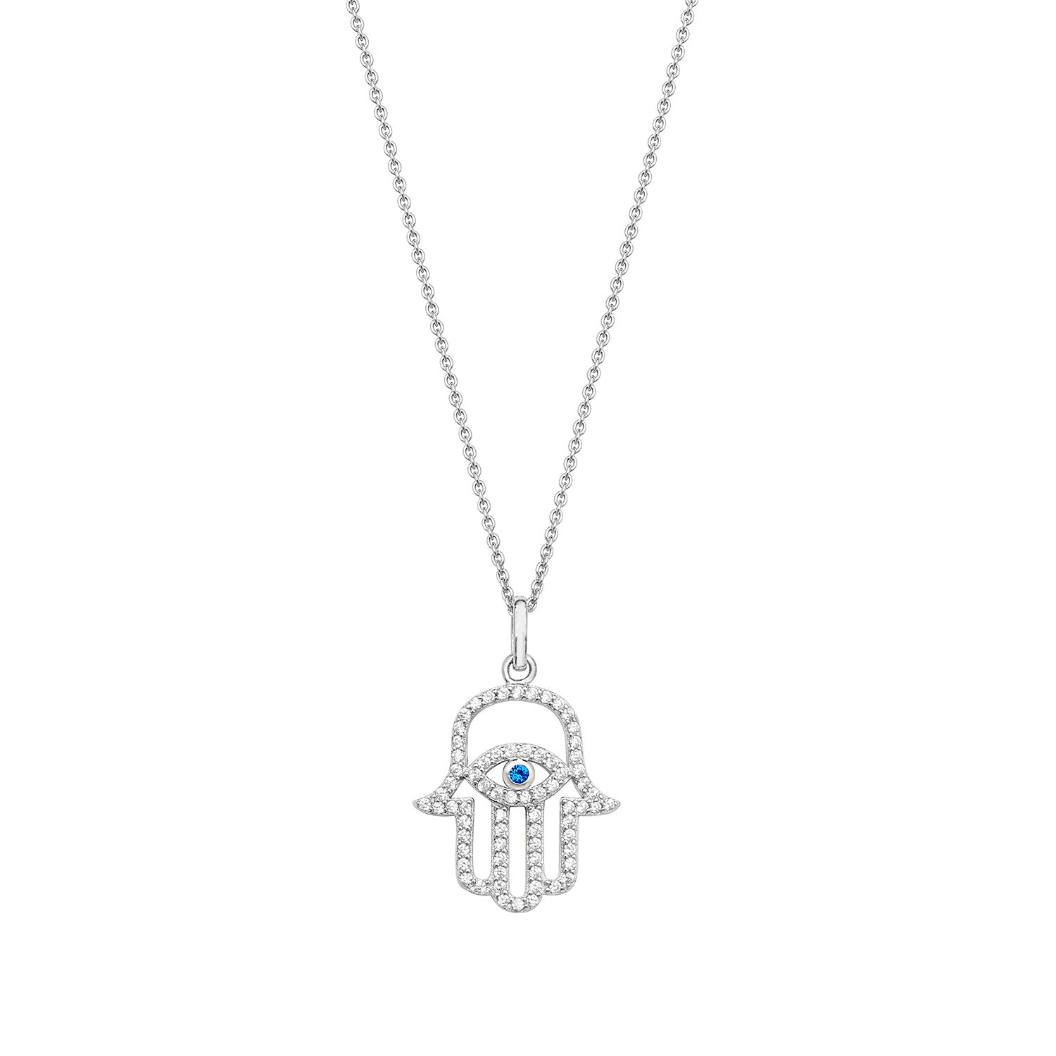 SILVER BLUE AND WHITE CZ HAMSA & EVIL EYE PENDANT AND CHAIN