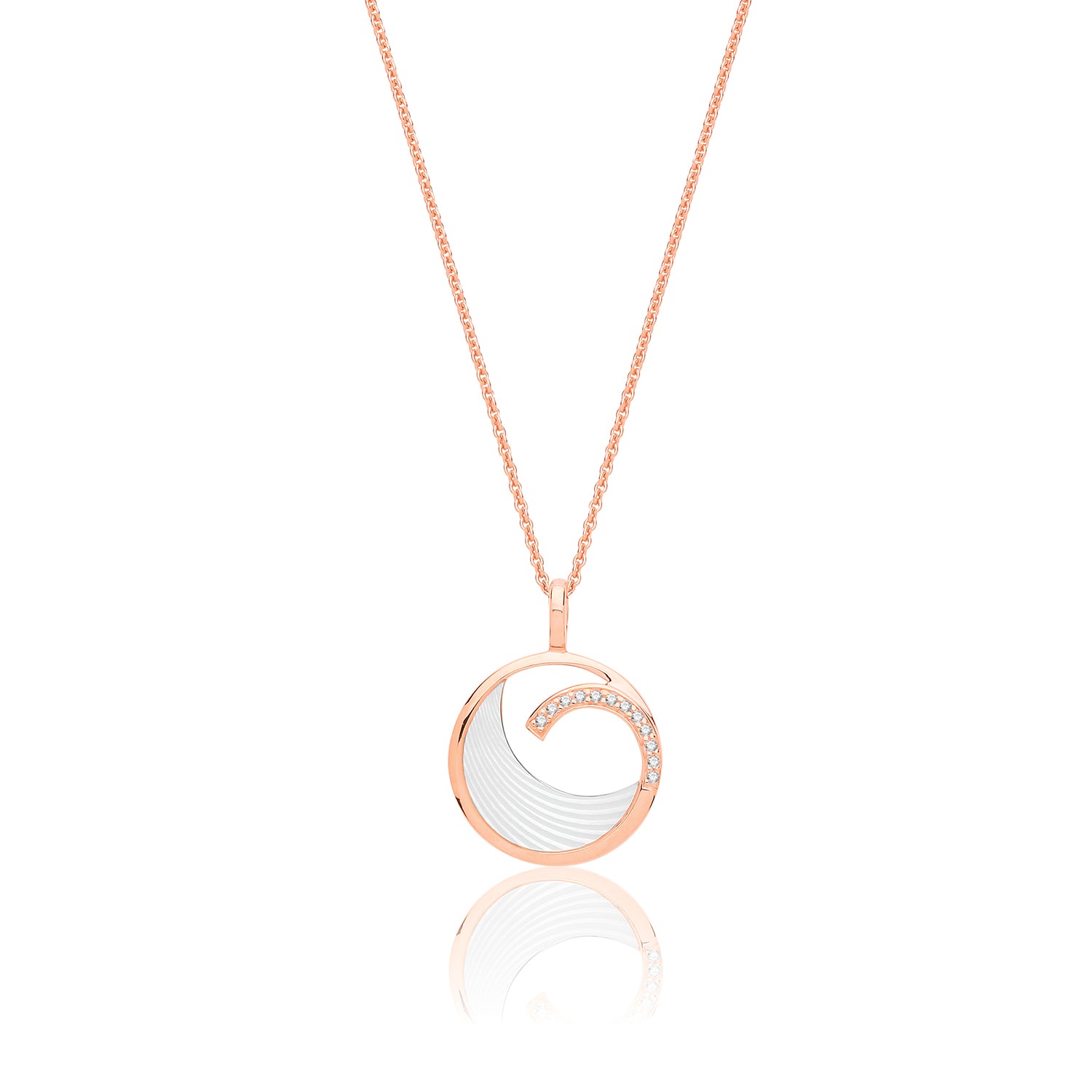 SILVER ROSE GOLD PLATED MOTHER OF PEARL AND CZ SWIRL PENDANT AND CHAIN