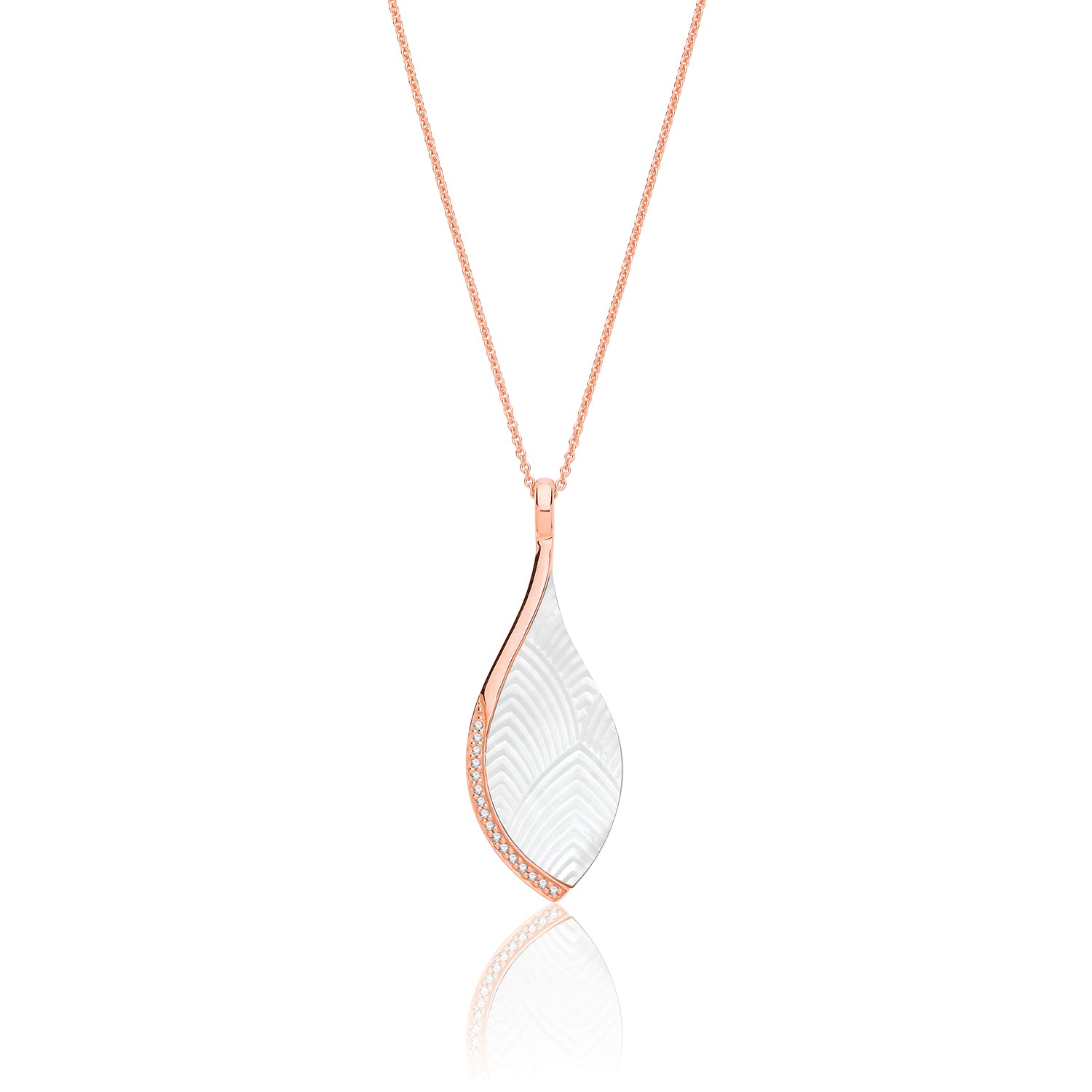 SILVER ROSE GOLD PLATED MOTHER OF PEARL AND PAVE SET CZ PEAR SHAPE PENDANT AND CHAIN