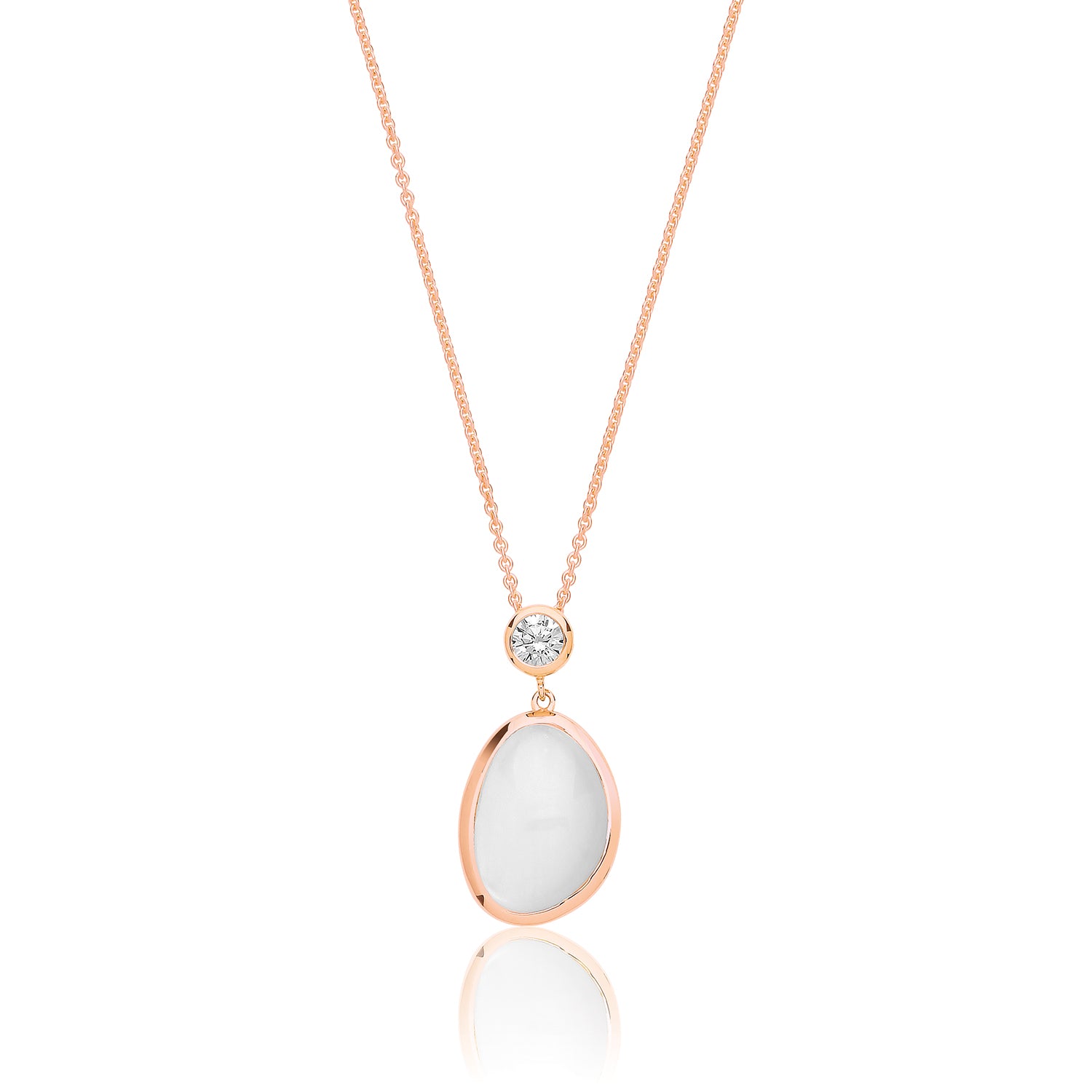 SILVER ROSE GOLD PLATED WHITE MOON STONE WITH SINGLE CZ PENDANT AND CHAIN