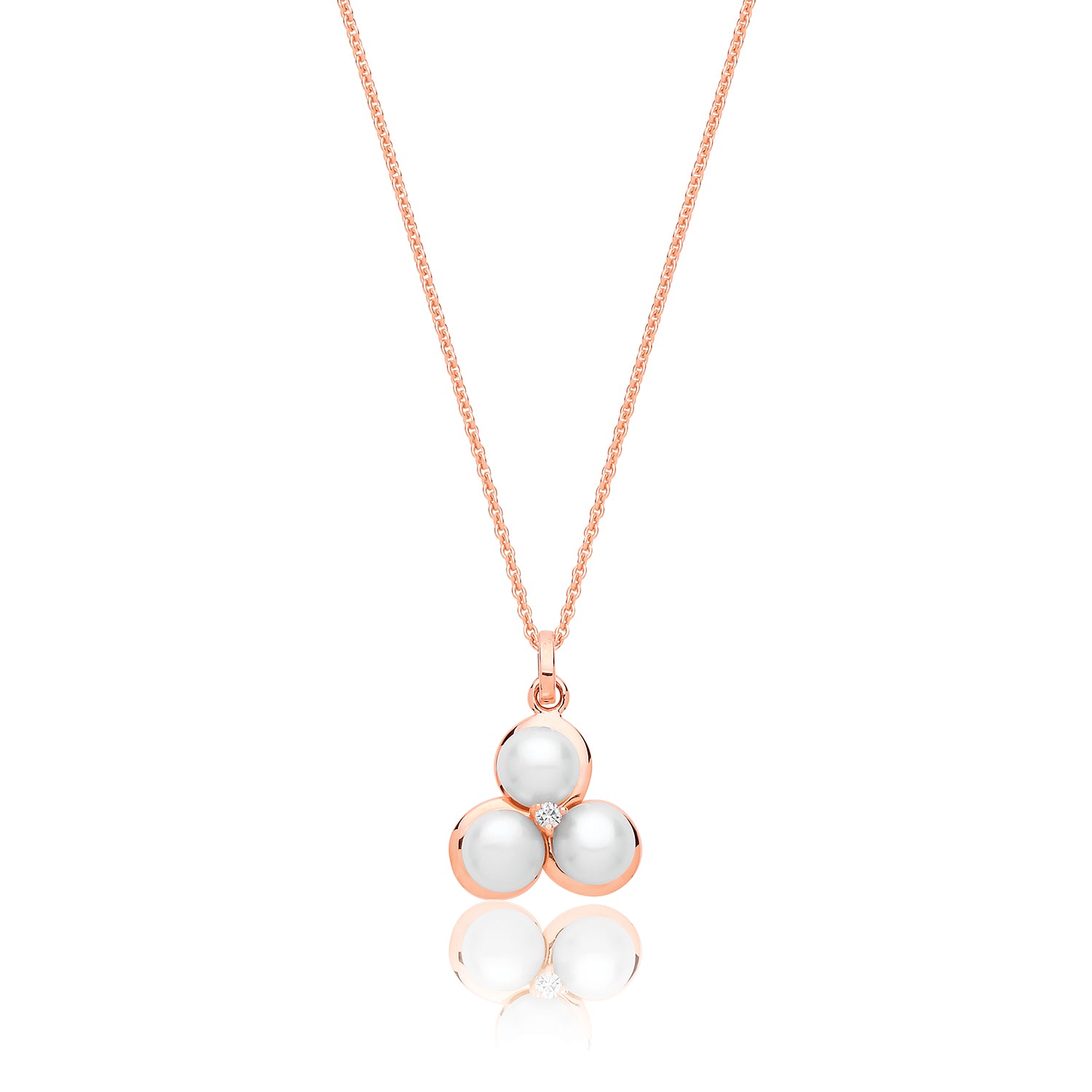 SILVER ROSE GOLD PLATED PEARL AND CZ 3 PETAL FLOWER PENDANT AND CHAIN