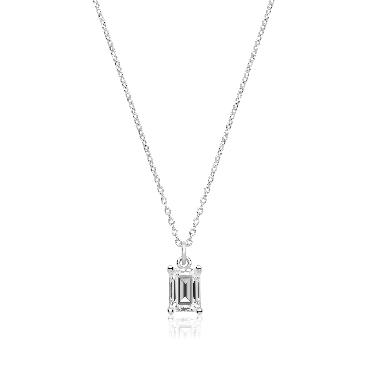 SILVER SINGLE EMERALD CUT CZ CUT CLAW SET PENDANT AND CHAIN