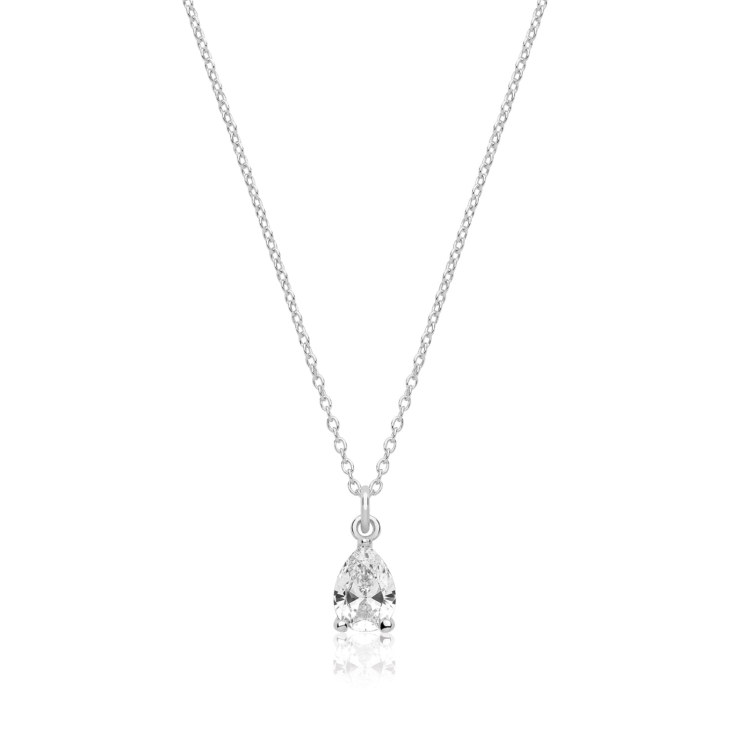 SILVER SINGLE PEAR SHAPE CZ CLAW SET PENDANT AND CHAIN