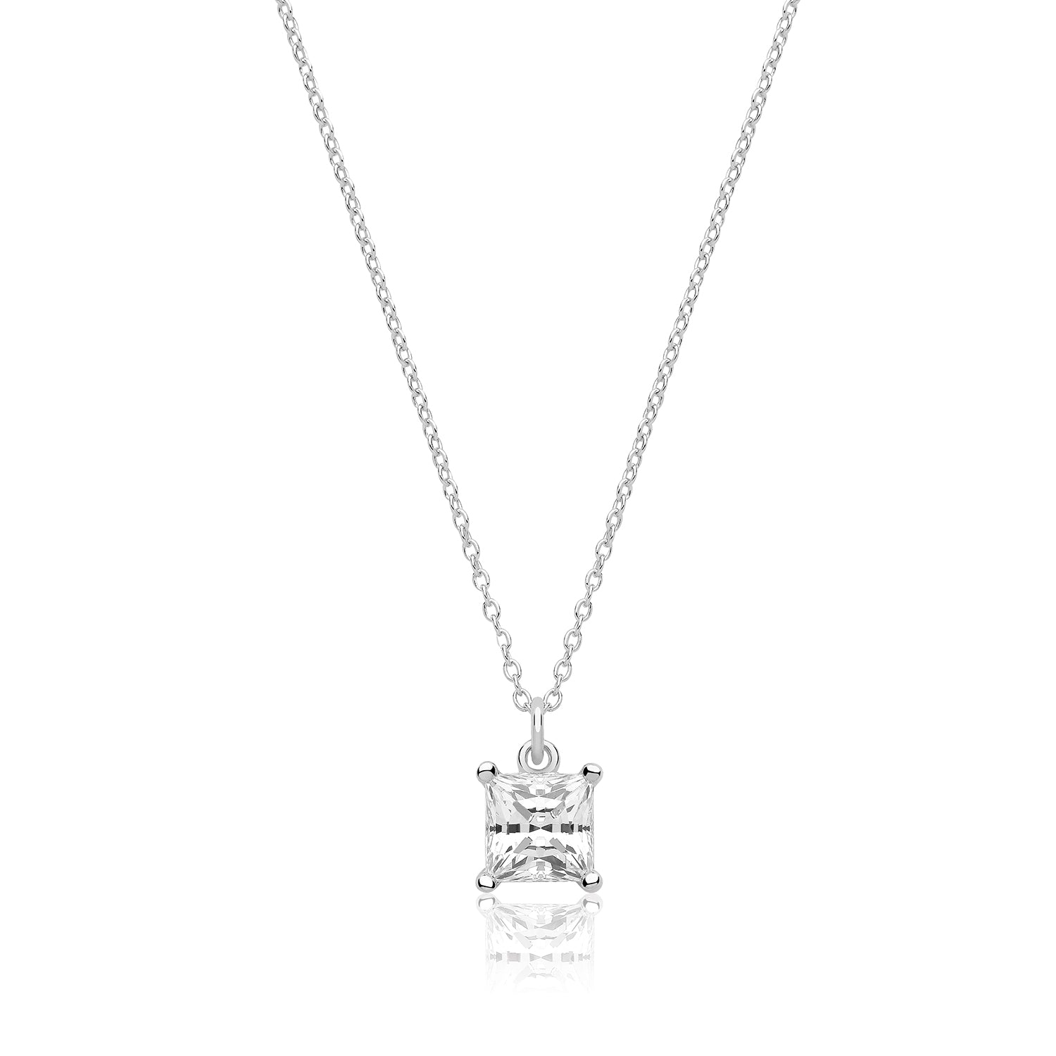 SILVER SINGLE PRINCESS CUT CZ CLAW SET PENDANT AND CHAIN