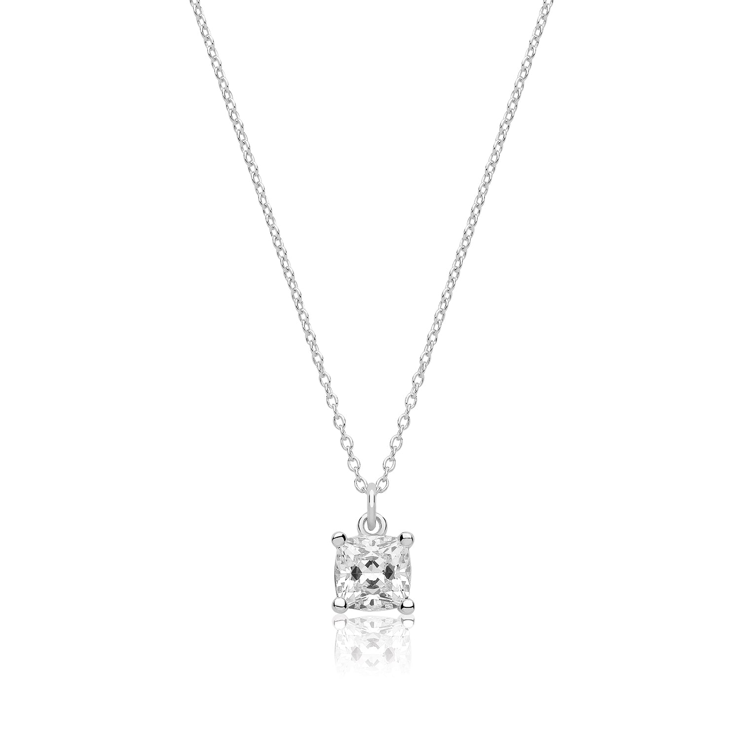 SILVER SINGLE CUSHION CUT CZ CLAW SET PENDANT AND CHAIN