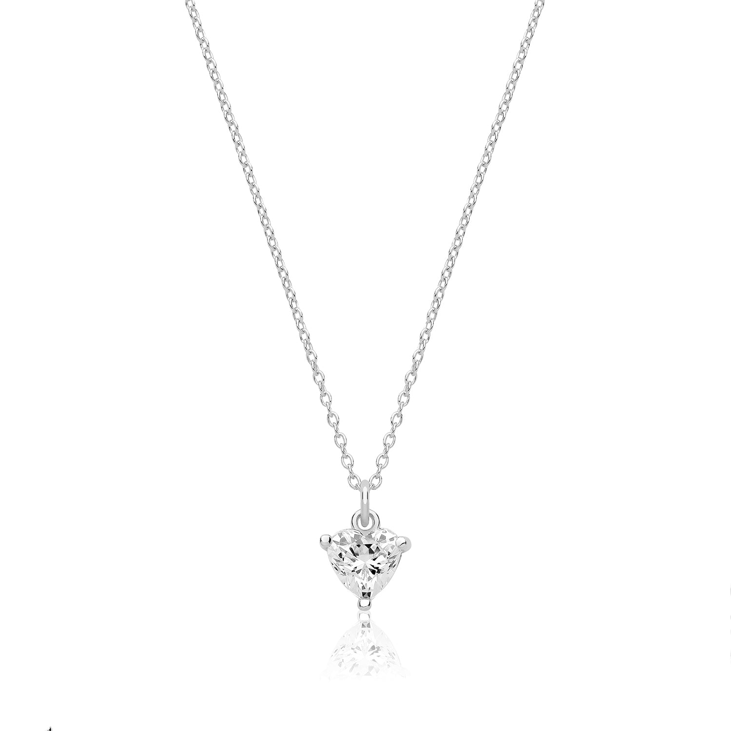 SILVER SINGLE STONE HEART SHAPE CZ CLAW SET PENDANT AND CHAIN