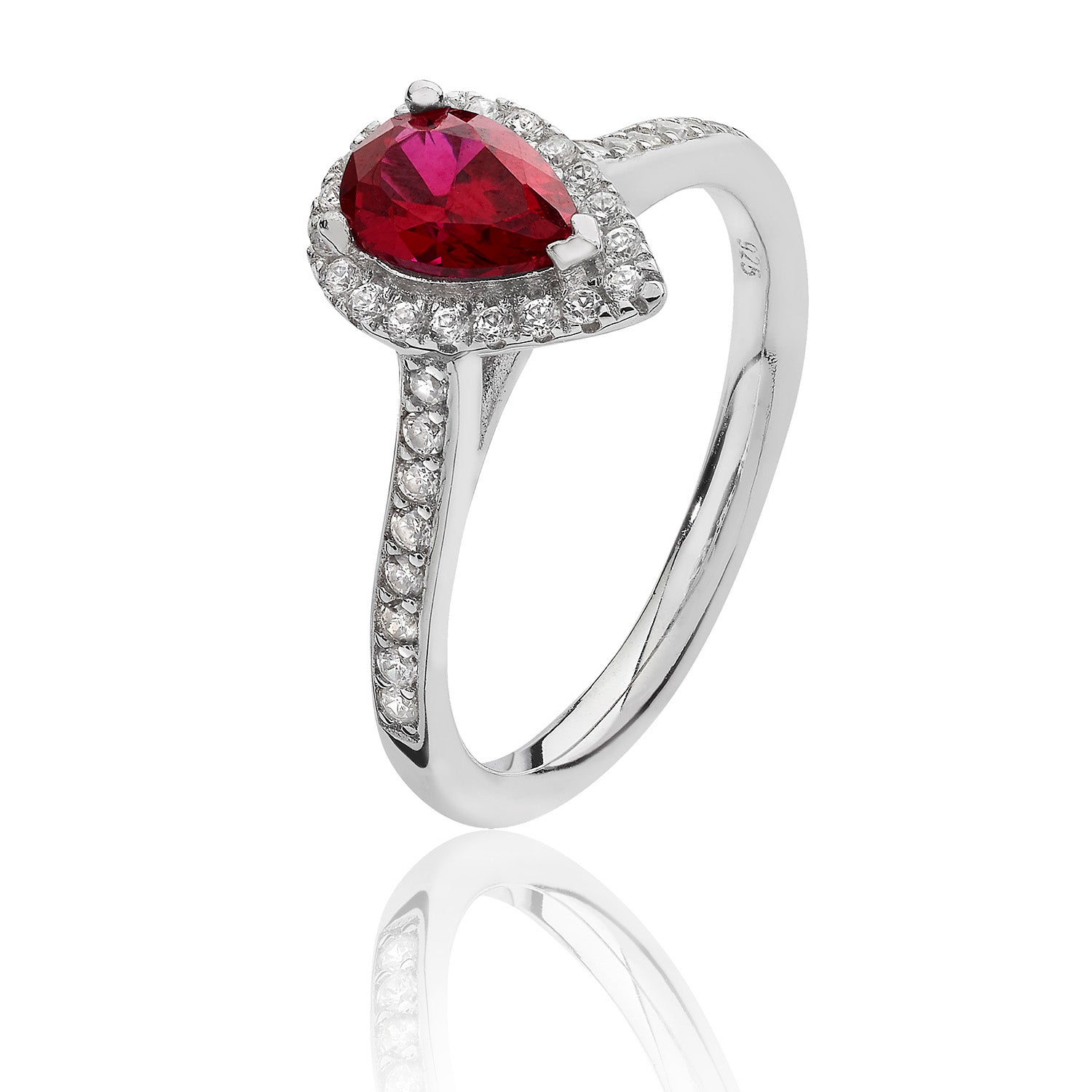 SILVER HALO RED PEAR SHAPE CZ CLAW SET RING