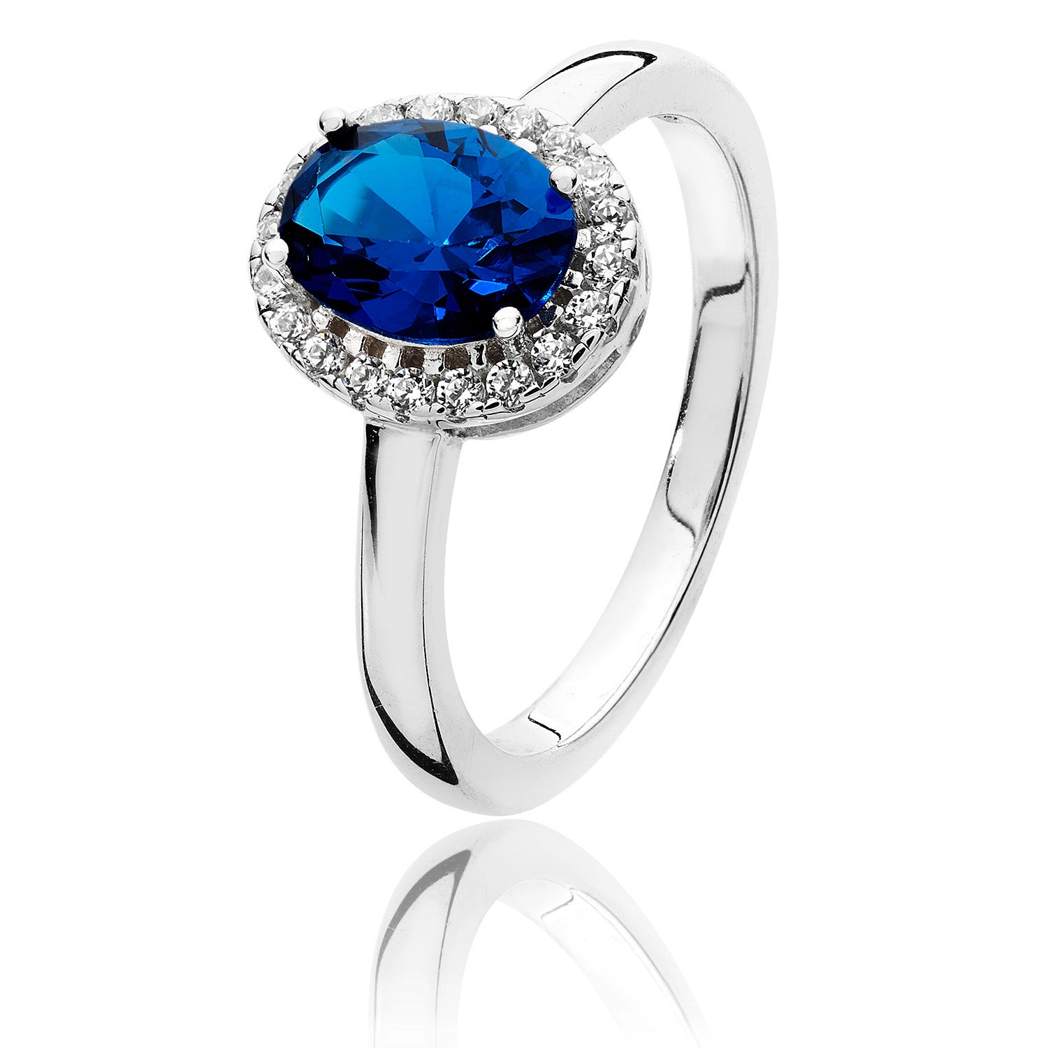 SILVER HALO BLUE OVAL CZ RING