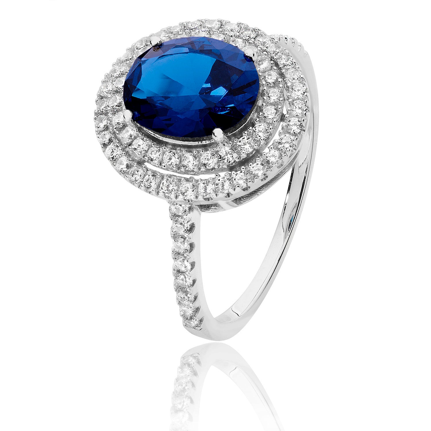 SILVER DOUBLE HALO BLUE OVAL CZ RING