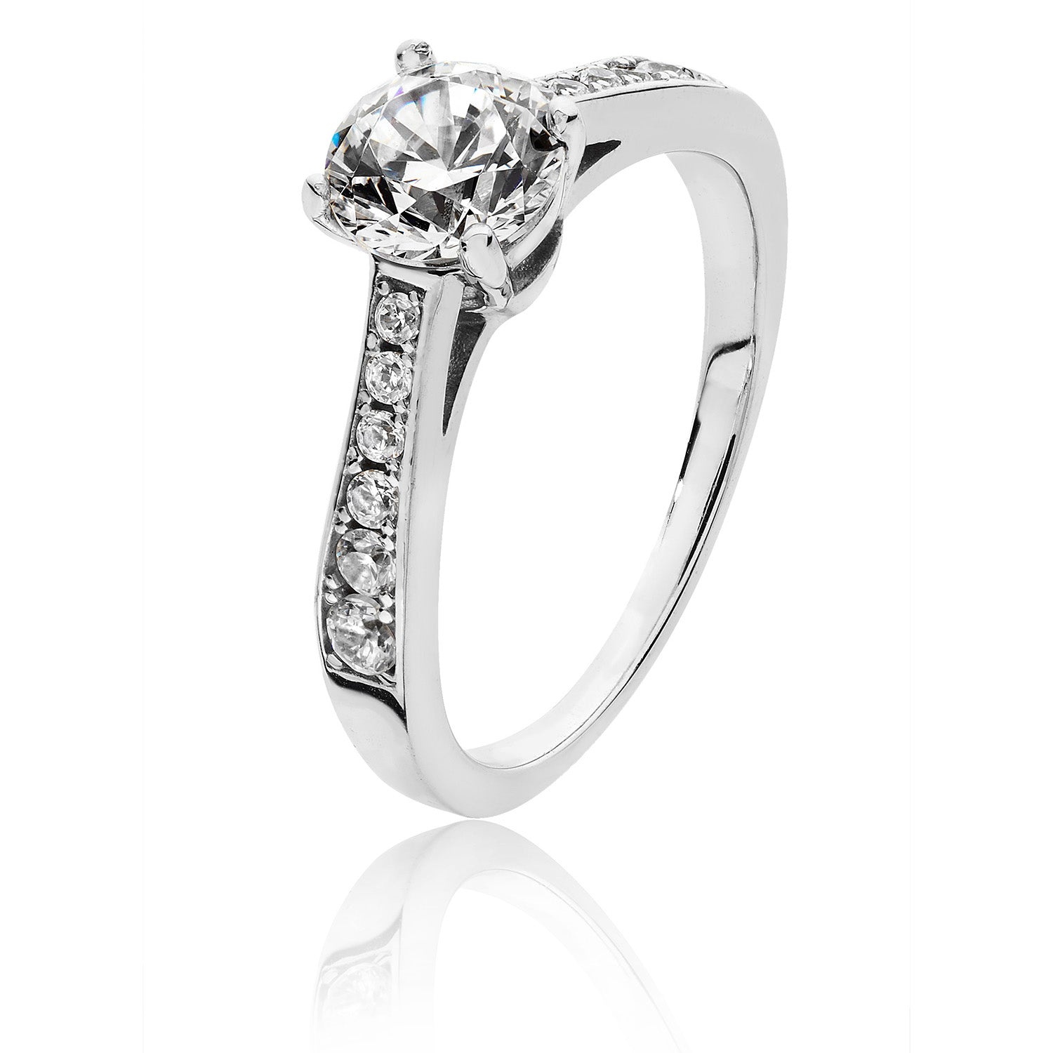 SILVER ROUND SOLITAIRE 4 CLAW AND SHOULDER SET CZ RING