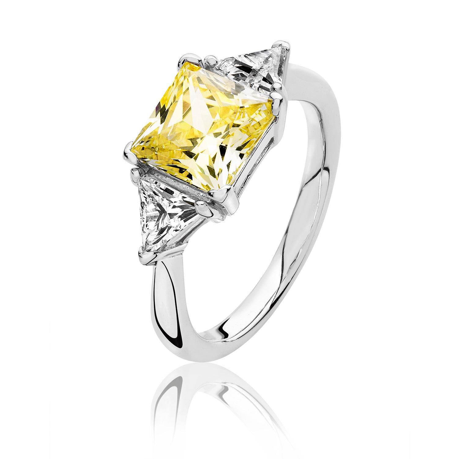 SILVER PRINCESS CUT CENTRE YELLOW CZ CLAW SET WITH TRIANGULAL SIDES RING