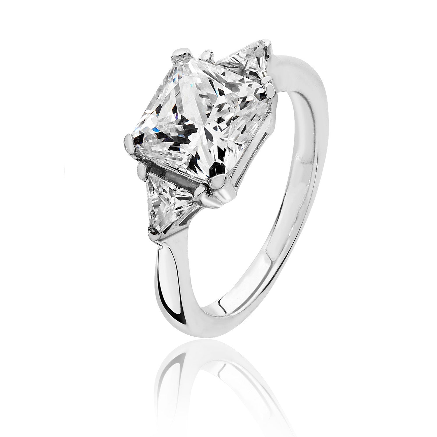 SILVER ASSCHER CUT CENTRE CZ CLAW SET WITH TRIANGULAR SIDES RING