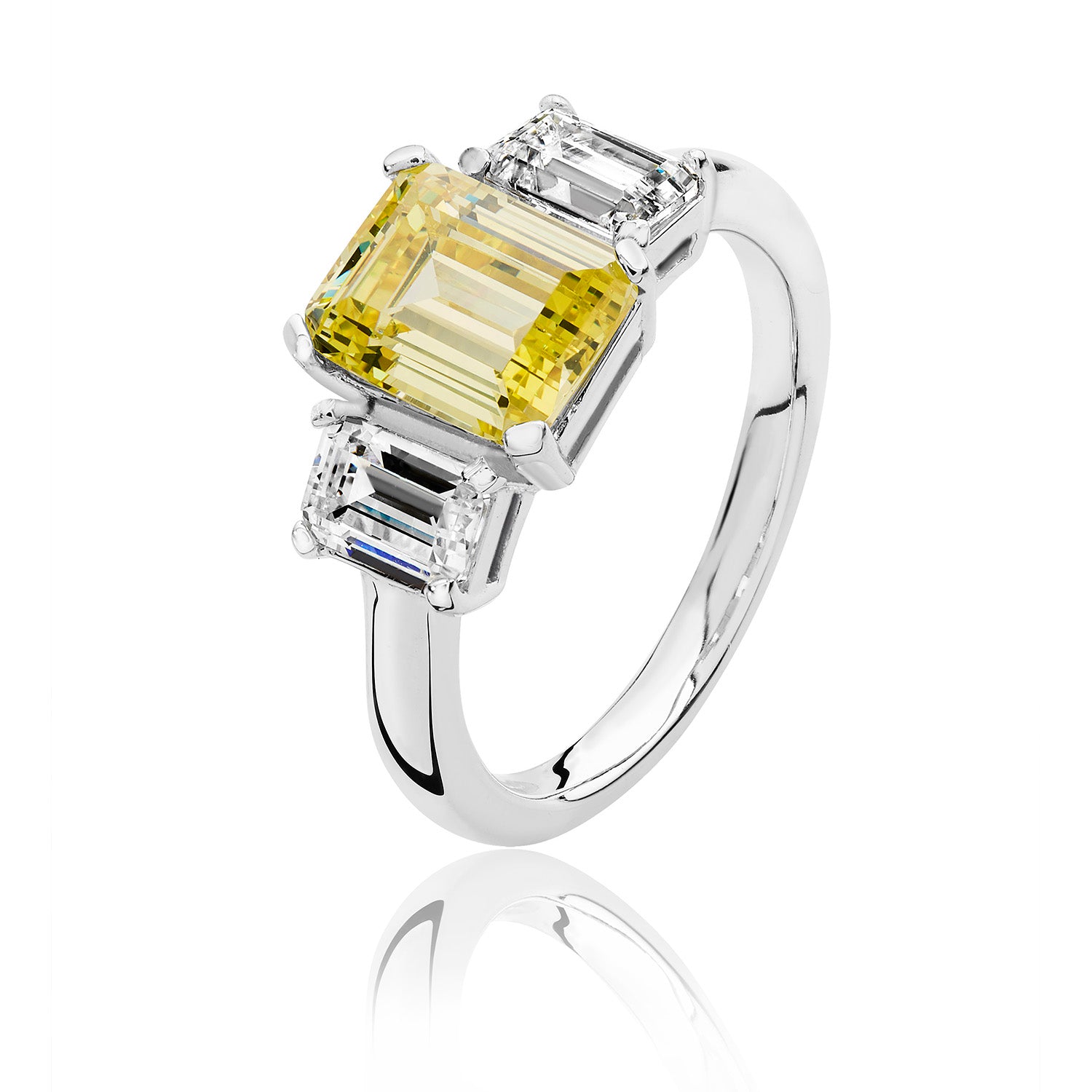 SILVER EMERALD CUT CENTRE YELLOW CZ CLAW SET WITH EMERALD CUT SIDES RING