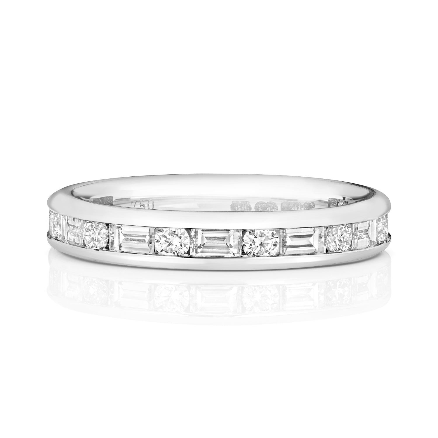 DIAMOND CHANNEL SET ROUND AND BAGUETTE ETERNITY RING IN PLATINUM